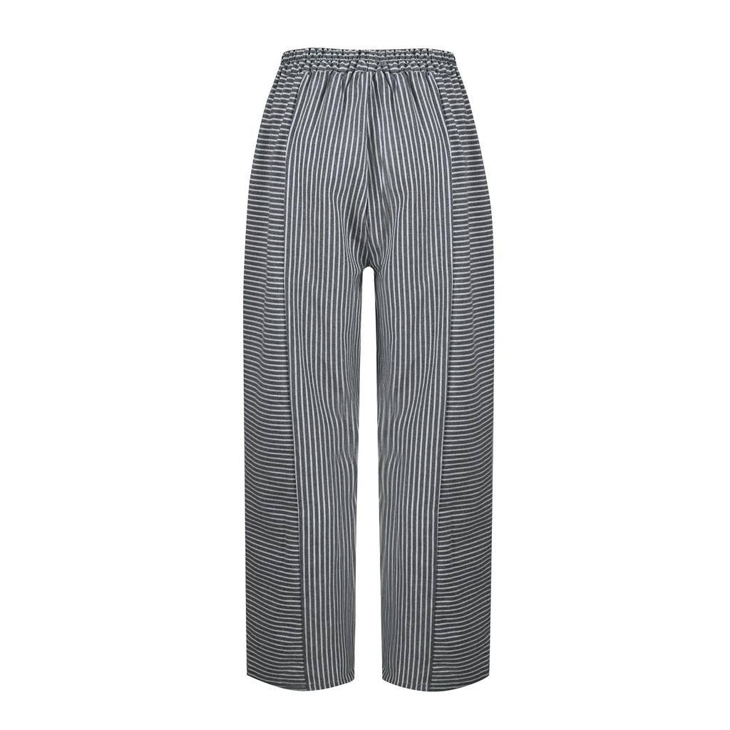 Women Casual Stripe Print Up Trendy Pants Baggy Elastic Waist Straight Leg Comfort Trousers With Pocket