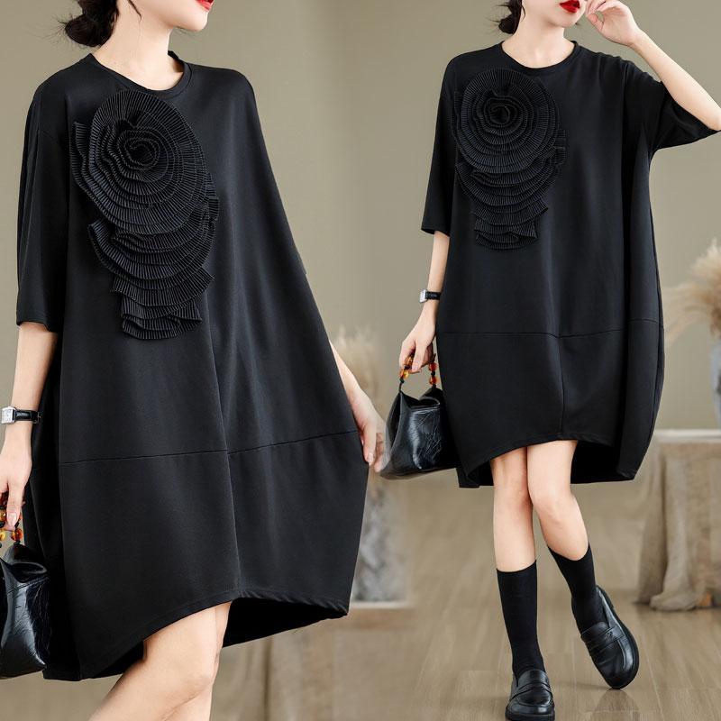 Dimanaf Plus Size Women 2024 New Summer Long Basic Oversize O-Neck Casual Short Sleeve Floral T-Shirt Dress