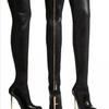 New Black Women's Boots Fashionable Solid Color Thin High Heel Metal Back Zipper Over Knee Boots for Women