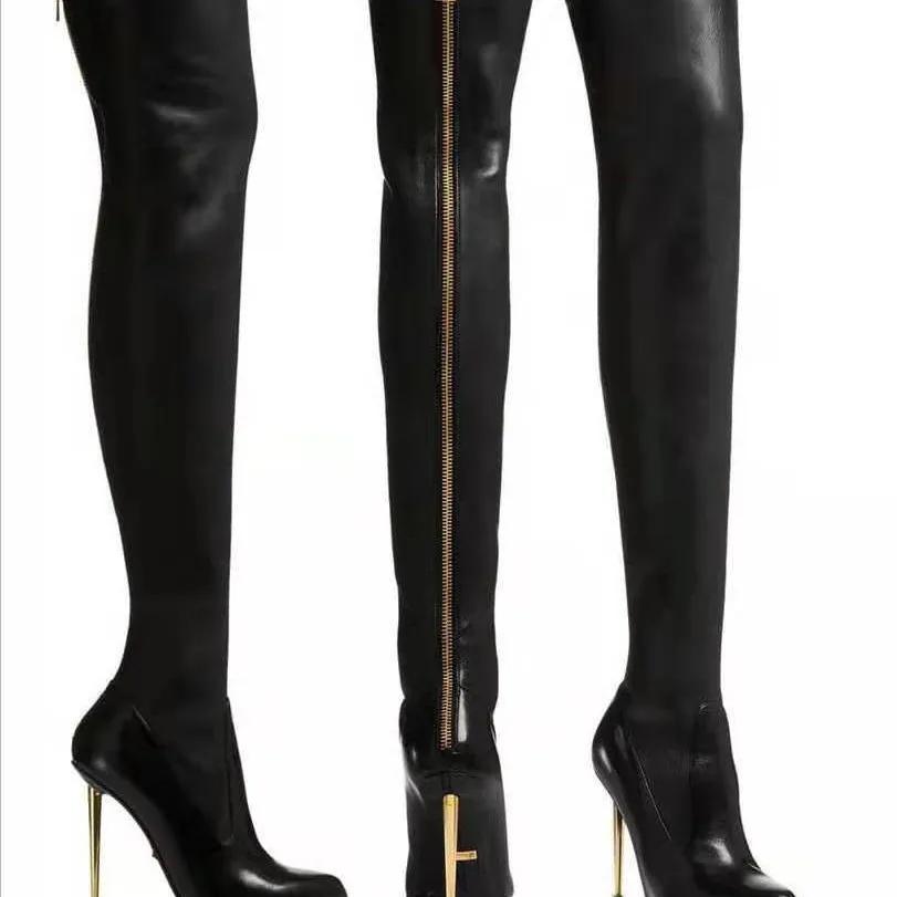 New Black Women's Boots Fashionable Solid Color Thin High Heel Metal Back Zipper Over Knee Boots for Women
