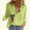 Женская мода хлопок льняная рубашка повседневный тонкий длинный рукав топ дамы кошачий принт застегивающаяся блузка