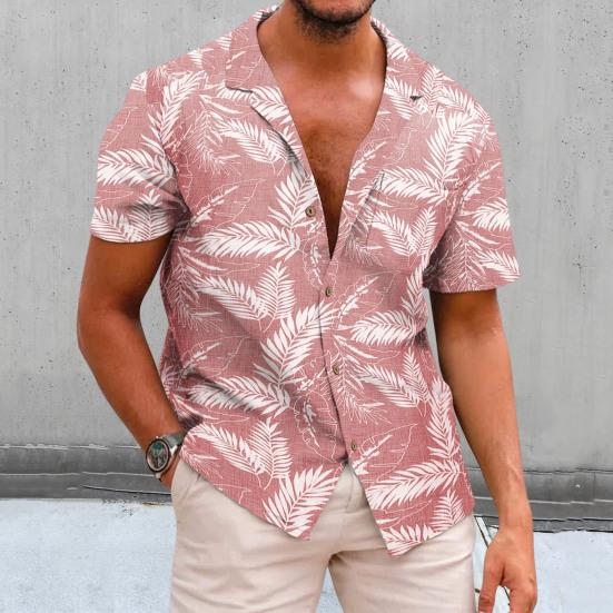Мужская летняя рубашка с короткими рукавами и лацканами, однобортная тонкая гавайская пляжная повседневная рубашка с принтом листьев, уличная одежда