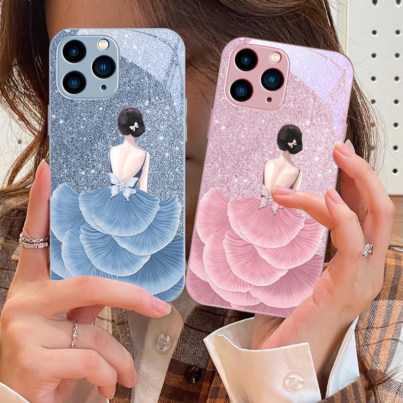 Чехол для телефона из закаленного стекла Flower Girl Colorful для iPhone 16 Pro Max 15 Pro 14 13 12 Mini 11 XS Max XR 7 8 Plu SE 2022
