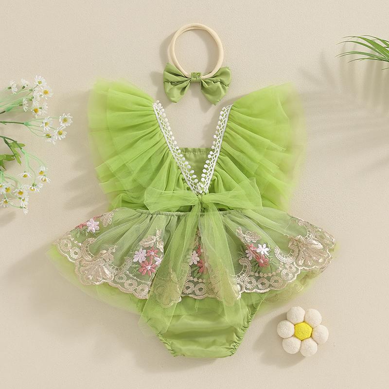 Наряд для новорожденных девочек 3, 6, 12, 18, 24 месяцев, тюлевой комбинезон с цветочной вышивкой и рукавами-крылышками, платье в стиле пэчворк с бантом, летняя одежда
