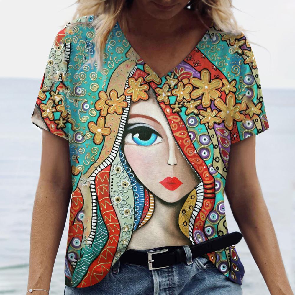 Summer Cartoon T-shirt Graphic Printing V-neck Short-sleeved Pullover Outdoor Casual Women's T-shirt