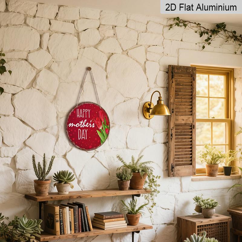 2D Flat, 1pc Round Aluminum Hanging Sign - "Happy Mother's Day" Vintage Dutch Tulip Flower Metal Wall Art, Vintage Red Petal & Heart Design, Perfect