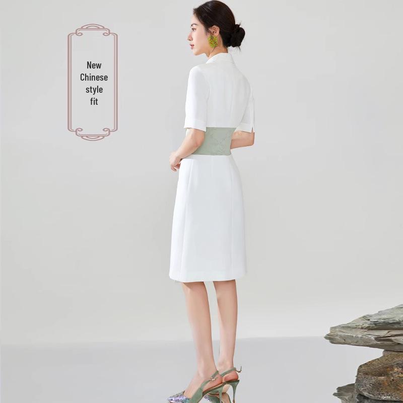 Summer Asymmetrical Color Block Chinese Style Dress - Women's Professional Short Sleeve Workwear