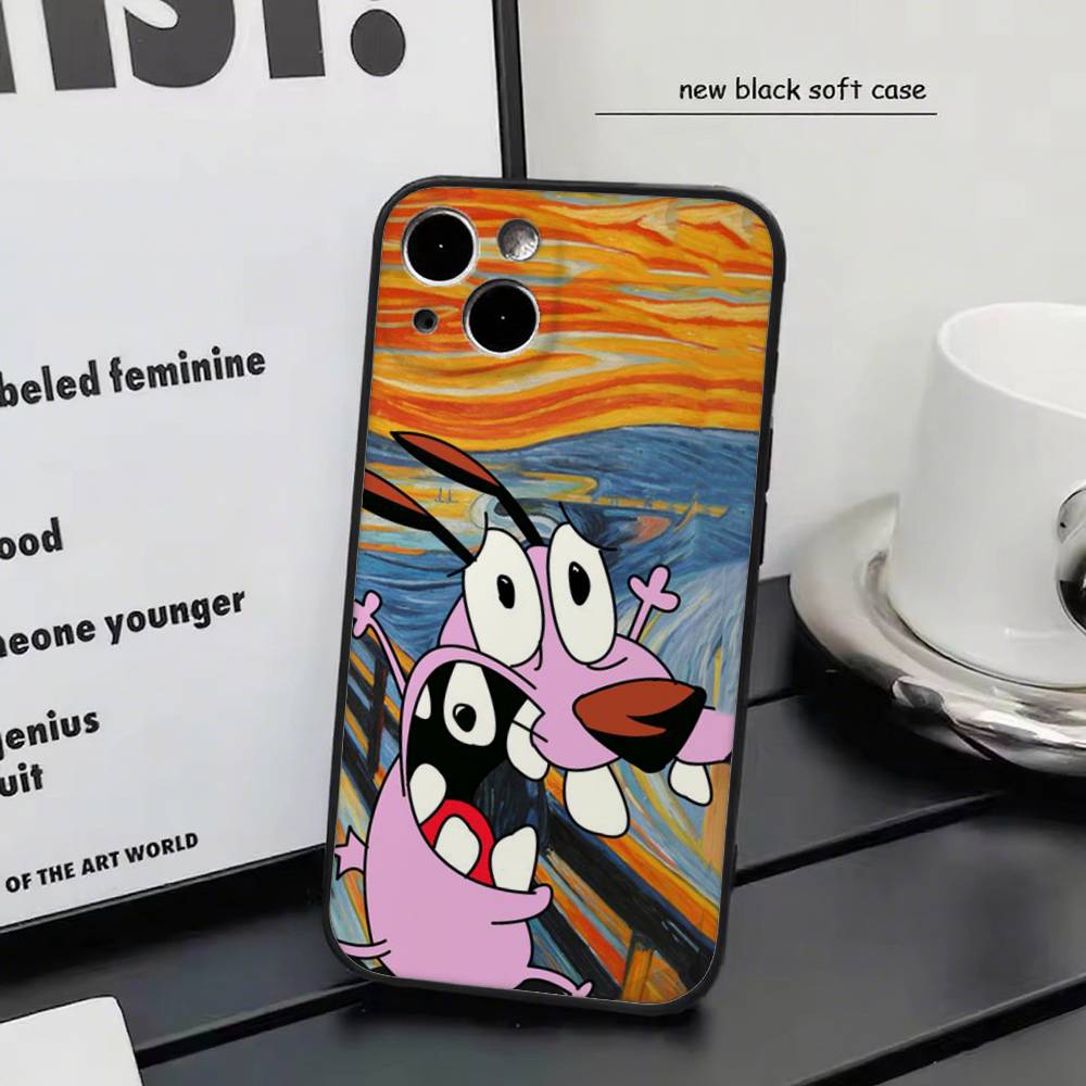 Мультяшный Кураж - Трусливый Пёс-G Для iPhone 13,17,11,12,16,14,15,Plus,Pro Max Мягкий Силиконовый Черный Чехол для Телефона