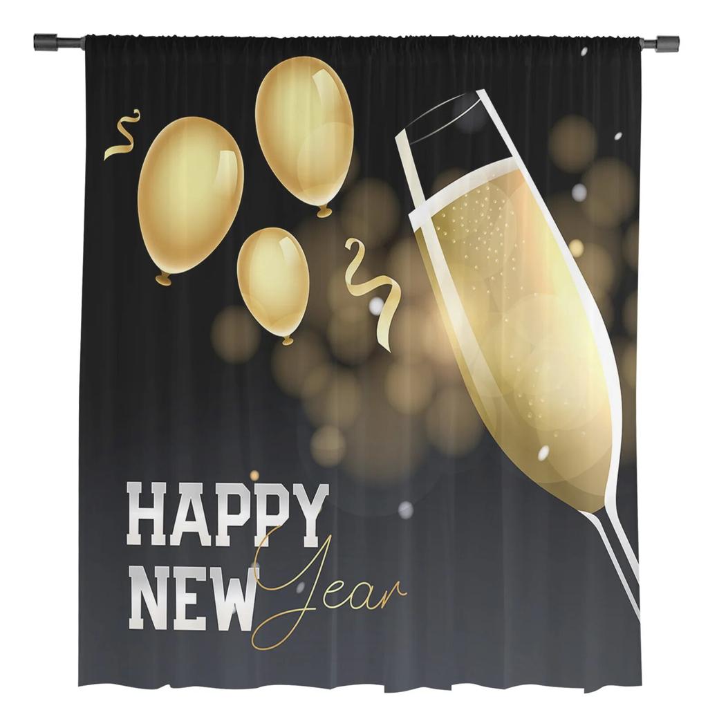 Зимние новогодние бокалы для вина, фейерверки, прозрачные шторы для гостиной, спальни, тюлевые занавески для кухни, вуаль, шторы, жалюзи, панели