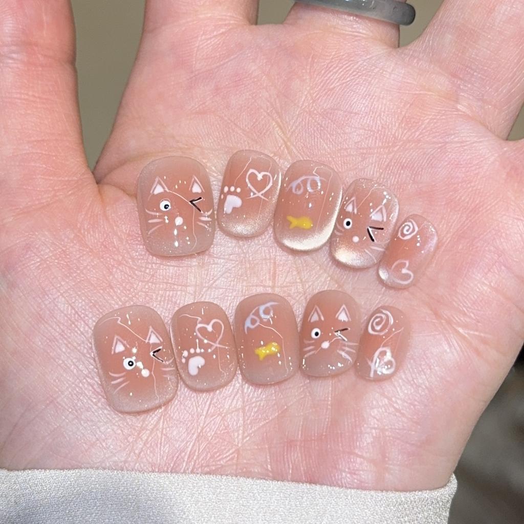 Hand-painted cat eye short pure handmade wear-in nail, high-end brightening boutique nail fake nail patches