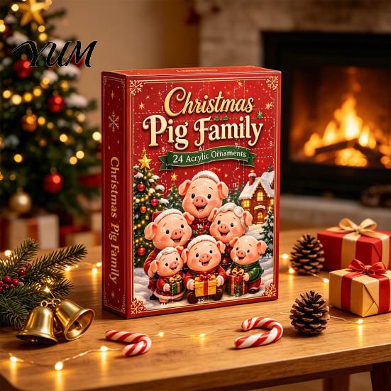 Holiday Countdown Gift Box Piggy Family Advent Calendar, 2D Flat Acrylic 24 Days Hanging Christmas Ornaments Ornaments, Decorative for Party Supplies