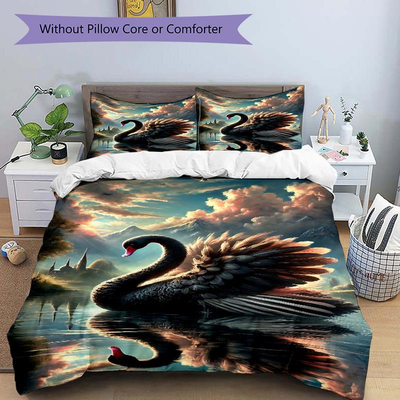 3pcs Black Swan Art Print Bedding Set - 1 Duvet Cover + 2 Pillowcases(Core Not Included), Machine Washable Polyester yy251216116