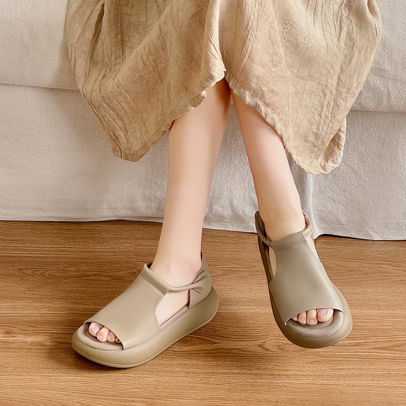 Fashion 5CM Genuine Leather Peep Toe Summer Ankle Booties Women Sandal Hollow Fashion Platform Wedge Flats Shoes Hook Flats