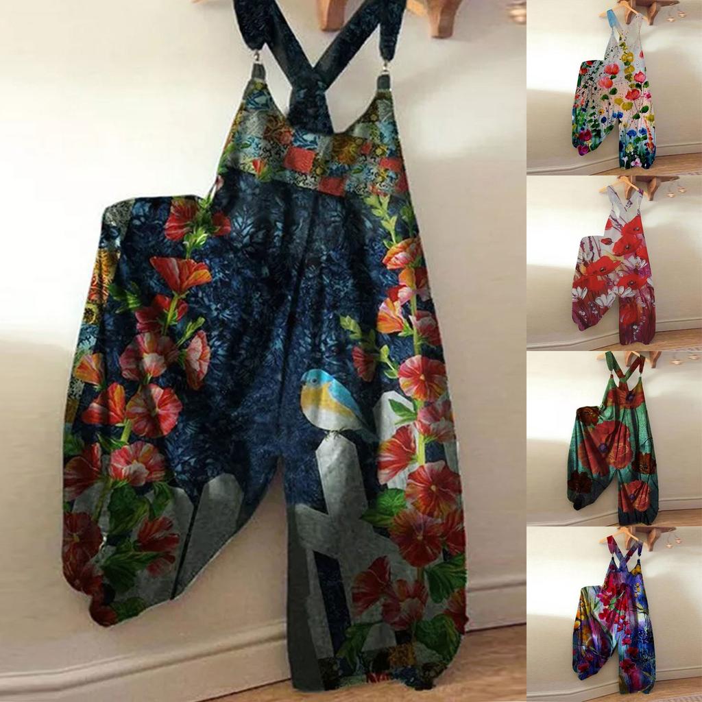 Women's Fashion Summer Sweet Loose Casual Print Retro Strappy Jumpsuit
