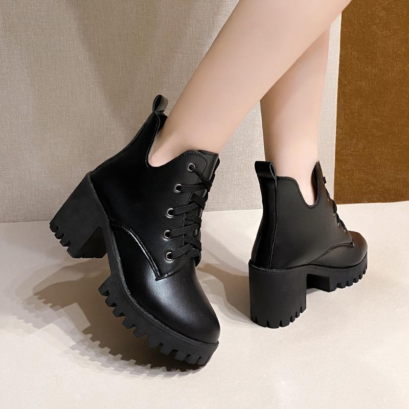 Fashion Single Boots Women's Autumn and Winter New Round Toe Front Lace-up Platform Non-Slip High Heel Short Shoes