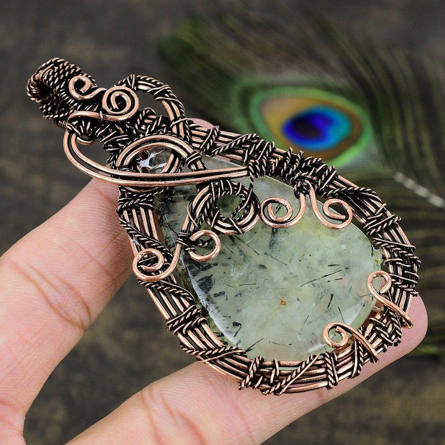 Prehnite Gemstone Copper Wire Wrap Jewelry Pendant 3.74