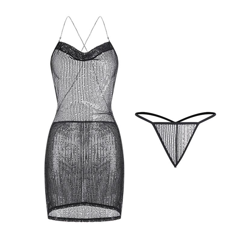Womens Pajamas Hot Lingerie Sequin Design Backless Super Sexy Mini Club Nightgown Women