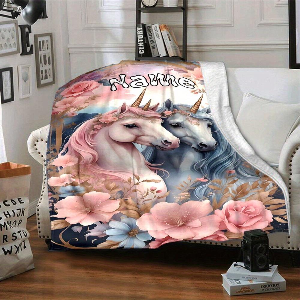 Unicorn Fantasy Floral Four Seasons Blanket Customized With Your Name Lightweight And Warm Perfect Gift For Home Office Camping Sofa Travel Beach