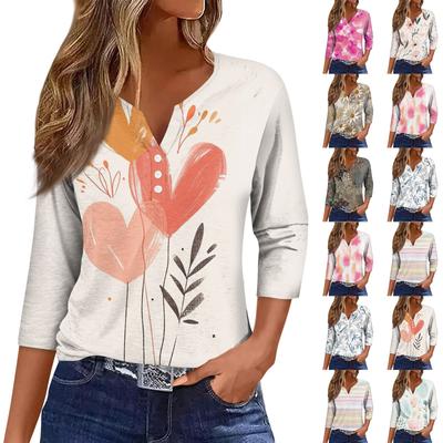 Женская модная повседневная футболка с коротким рукавом и V-образным вырезом, декоративными пуговицами и рукавом три четверти