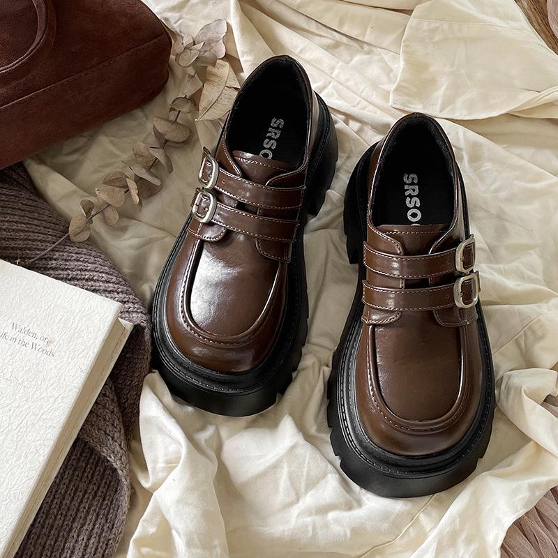 Французские туфли в стиле ретро с круглым носком на толстом каблуке и платформе, женские кожаные туфли 2025 года, новые осенние универсальные туфли с юбкой, увеличивающие рост