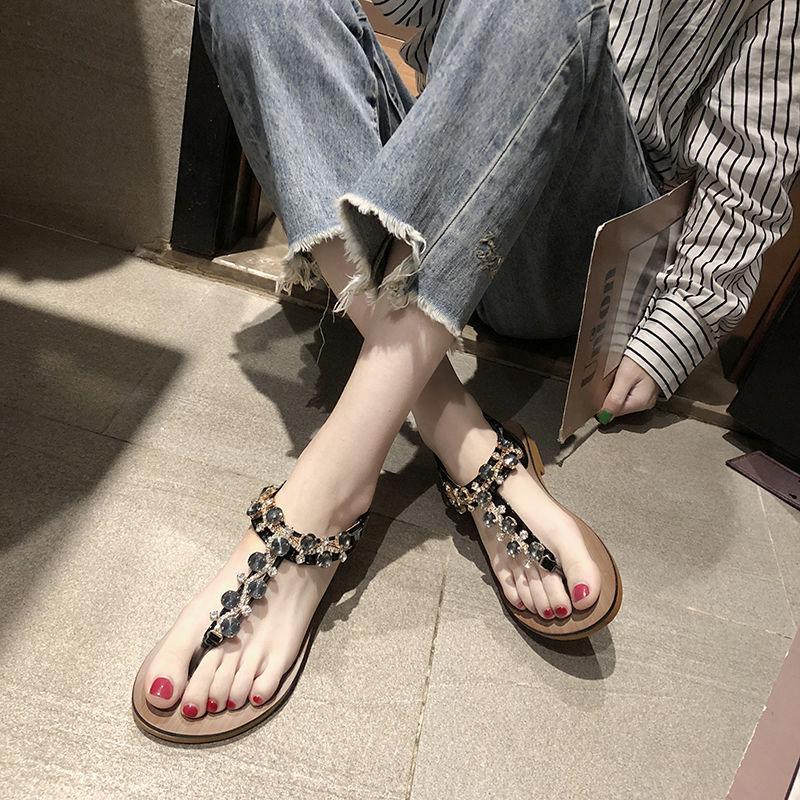 Женские летние сандалии, блестящие стразы, универсальные шлепанцы на плоской подошве, нескользящая пляжная обувь, удобные сандалии
