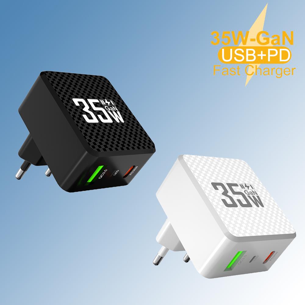2 Ports Mini 35W GaN USB Type C Charger QC3.0 Portable Fast Charging For 14 Pro 13 Samsung KR/EU/US/UK Plug
