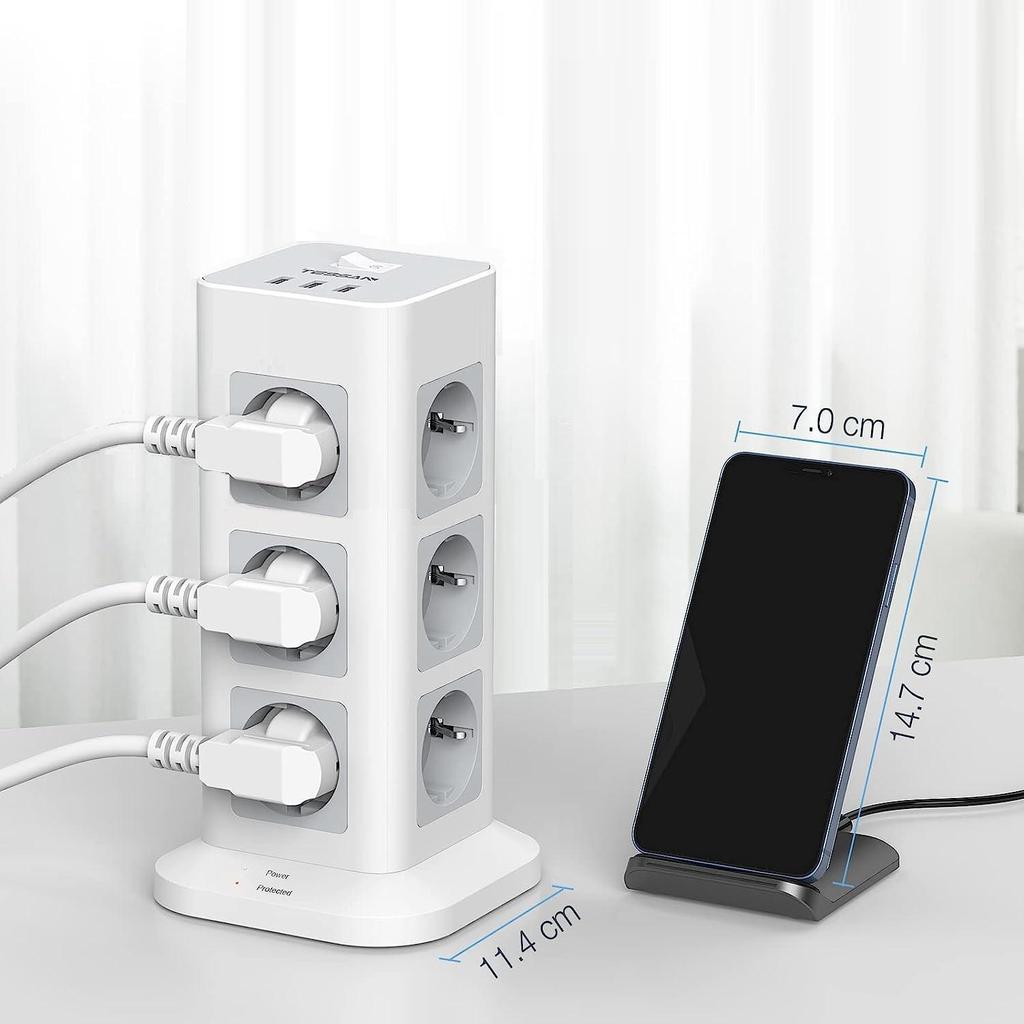 Tessan Удлинитель Tower с несколькими вилками, вертикальная розетка с переключателем, розетки 8/12, 3 порта USB, кабель 2 м, защита от перенапряжения для домашнего офиса