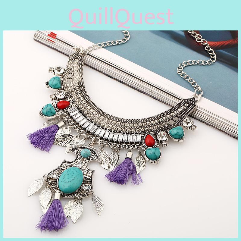 Ethnic Style Simulation Gemstone Decoration Women Necklace With Tassel Design For Casual Wear