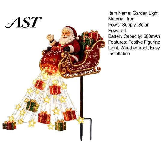 Decorative Christmas Garden Path Markers Santa Sleigh Figurine Light, Solar Powered Stake Outdoor Accents Pouring Gifts Stars Light for Yard