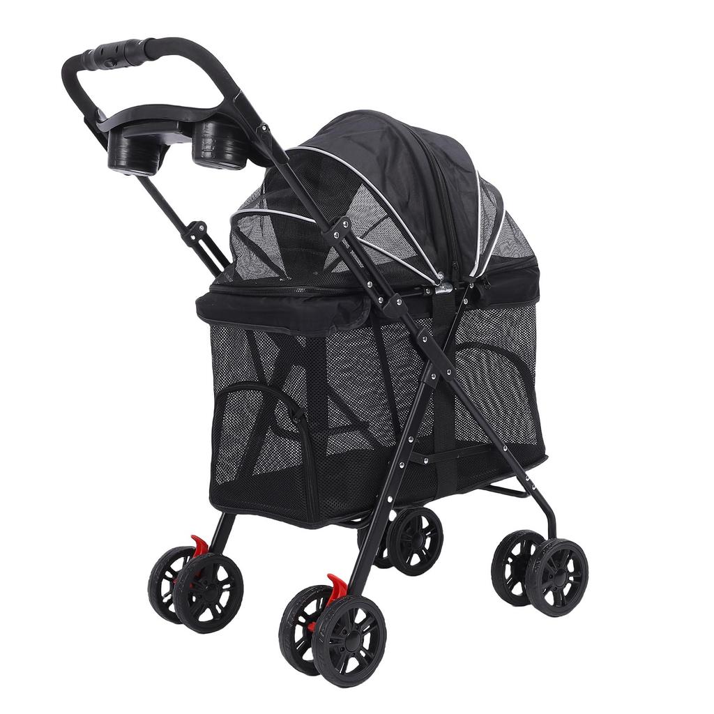 Pet Stroller One Click Folding Cat Stroller 4 Wheels Dog Wagon with Sun Shades and Cup Holder for Travel Black