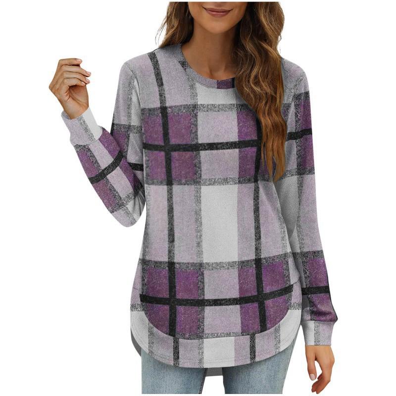 2026 Women's Casual Loose Plaid Long Sleeves Round Neck Irregular Bottled Shirt Top