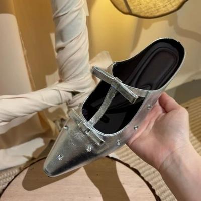 Мода Новый Стиль Популярный Клепка Острый Носок Тонкий Каблук Баотоу Полушлепанцы Женские Средний Каблук Мелкий Вырез Ленивые Туфли Мюли Zapatos Mujer