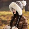 Winter Hat Women's Retro Knitted Hat Fleece Thickened Ear Protection Cold Wool Hat Cute Hairball with Hat