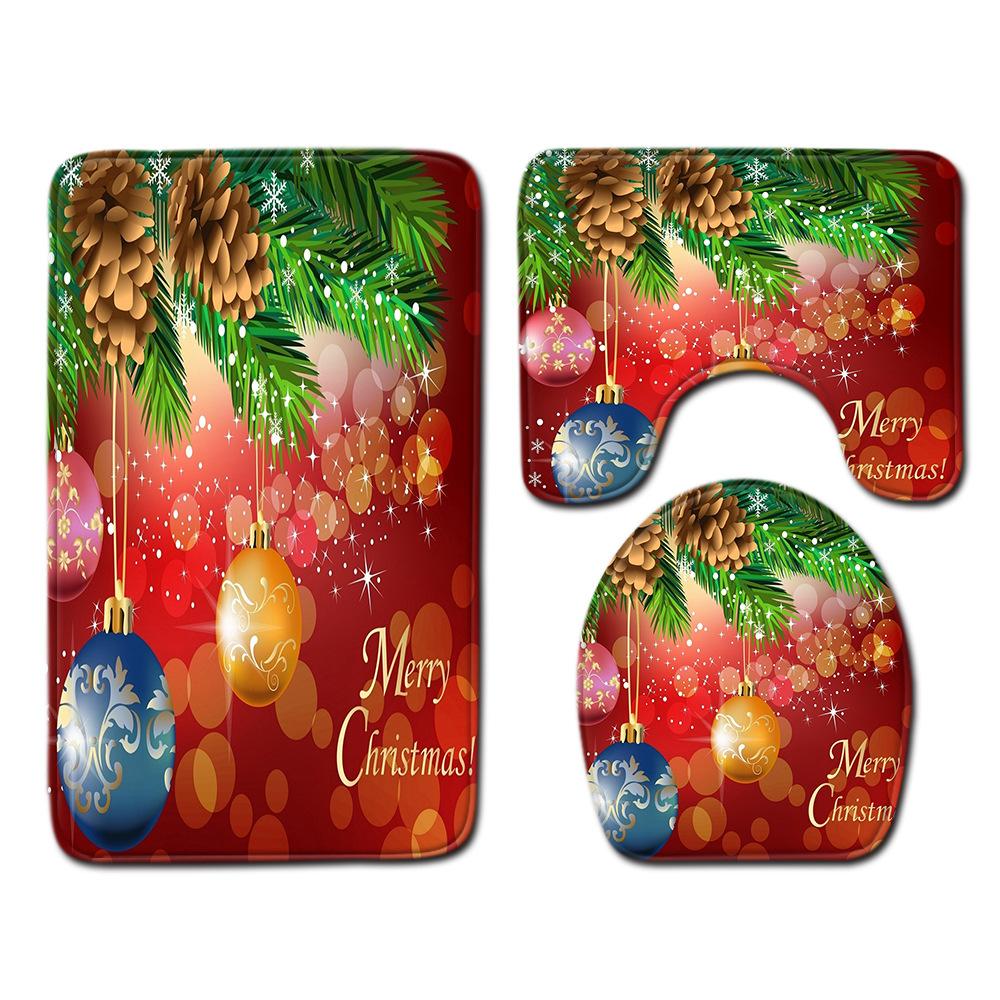 Christmas Home Shower Curtain Polyester Cloth Four-Piece Toilet Floor Mat Bathroom Non-Slip Door Mat Bedroom Carpet