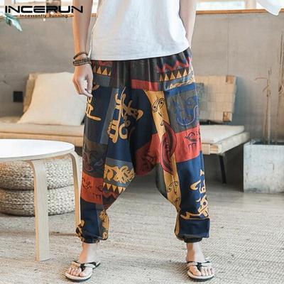 Хлопковые мужские свободные мешковатые длинные брюки с цветочным принтом, широкие японские повседневные винтажные брюки Hakama
