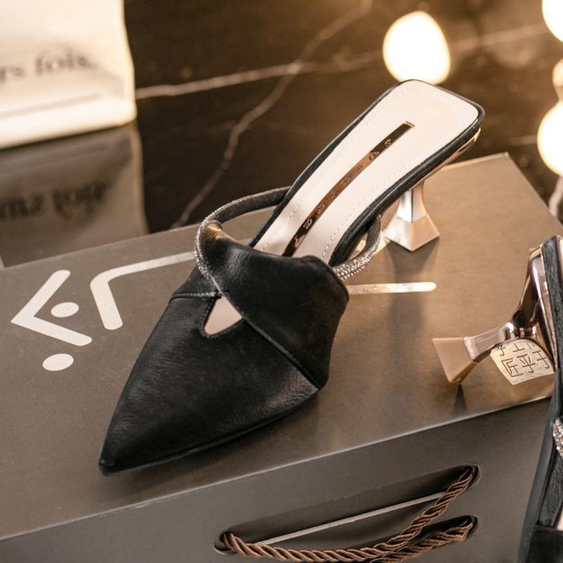 Temperament Thin Heel Half-lift High Heels New Versatile Pointed Cool Slippers Women's Summer Outer Bag Head