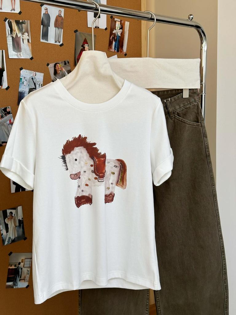 Мультяшная футболка с радужным пони, круглый вырез - Омолаживающая, Универсальная, Короткий рукав, Повседневная