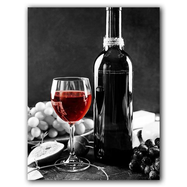 Modern Art Red Wine and Bottles Kitchen Poster Black and White Beverage Food Canvas