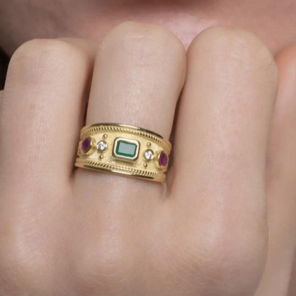 Новое европейское и американское широкое ретро-кольцо из золота с песком и цирконием