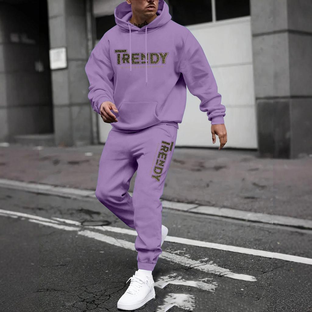 Men's Casual Solid Color Letter-printed Sweatshirt Set, Men's Fleece Hooded Drawstring Sweatshirt And Sweatpants Two-piece Set