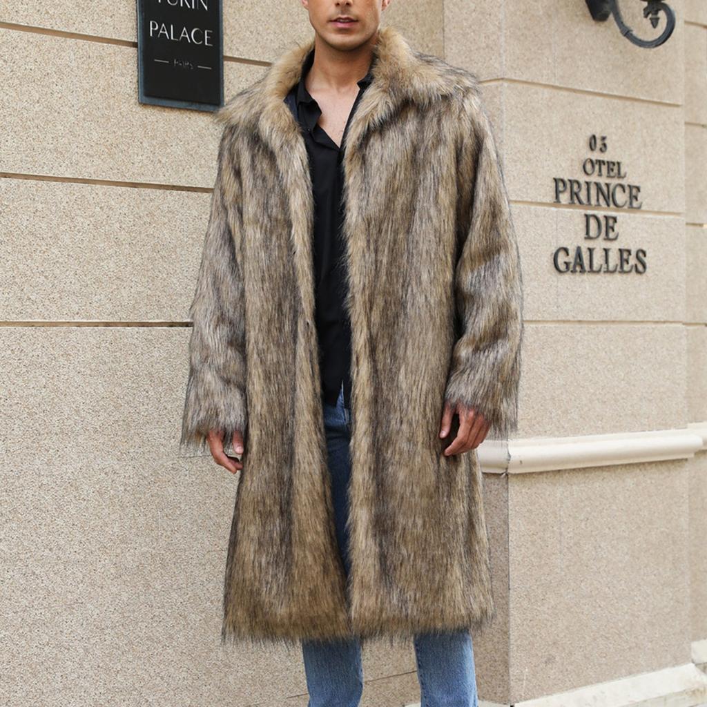 Men's Faux Animal Hair Long Coat Warm Overcoat Turn Down Collar Coat Cardigan Winter Fuzzy Fleece Jacket Open Front