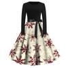 Women's Fashion Vintage Long Sleeve Round Neck Christmas Printed Party Gown Dress