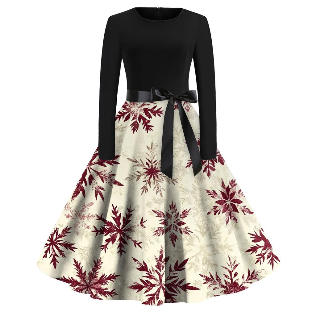 Women's Fashion Vintage Long Sleeve Round Neck Christmas Printed Party Gown Dress