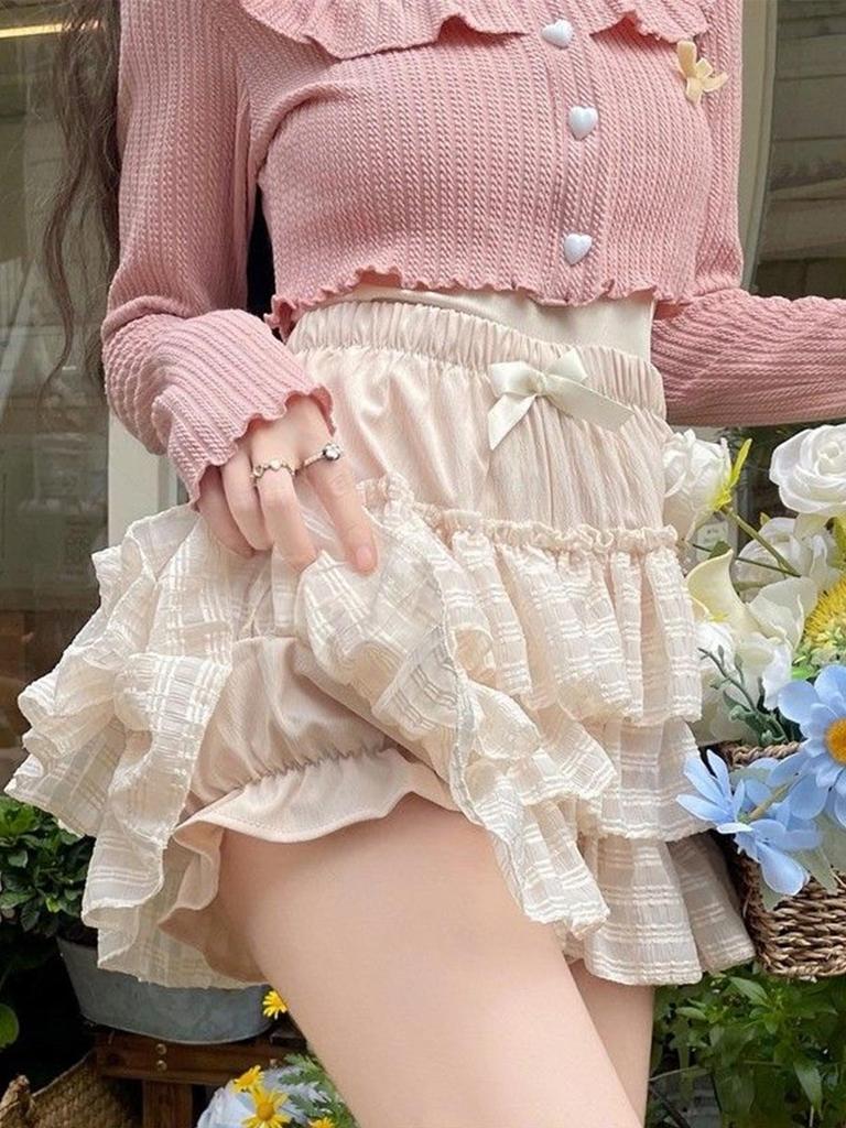 Мини-юбка в стиле Лолита с бантом для женщин, милая, с оборками, юбка-торт, кружевная, эластичная, на талии, повседневная одежда в японском стиле