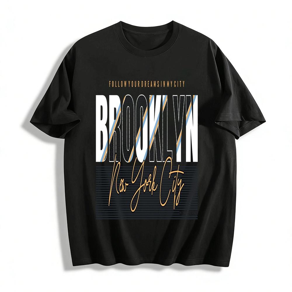Brooklyn NYC Themed Graphic Tee Street Style Casual Short Sleeve Top Pure Cotton T-shirt