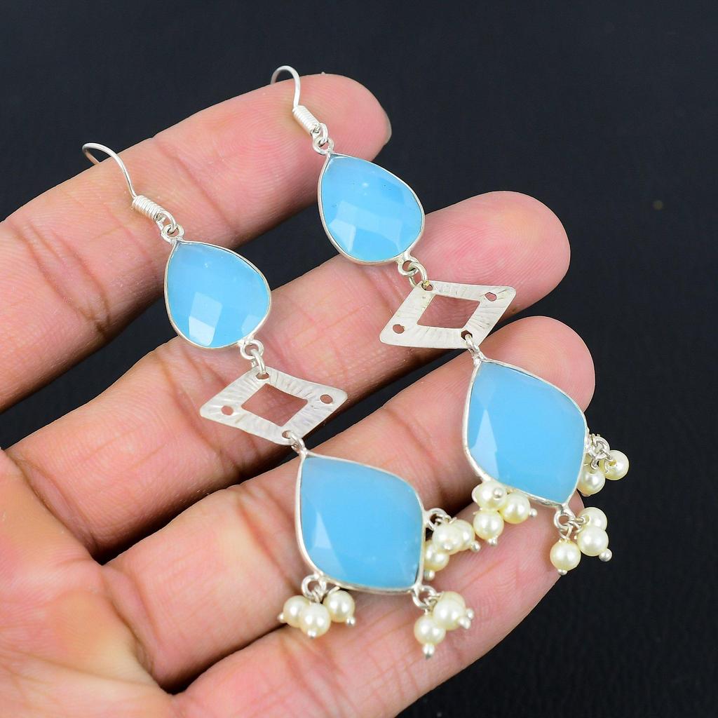 Sterling Silver Aqua Chalcedony Stone Dangle Drop Engagement Art Deco Earrings