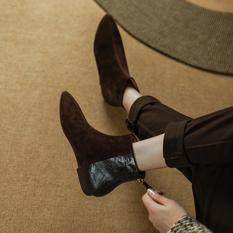 Мода 2025 НОВЫЕ Осенние Ботильоны Кожа Кид Замша Женская Обувь Острый Носок Молния Современные Ботинки Низкий Каблук Ботинки Челси