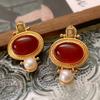 Retro Light Luxury Red Elegant Fashionable Zircon Earrings for Women Geometric Patterns Sweet Temperament Versatile Party Gift
