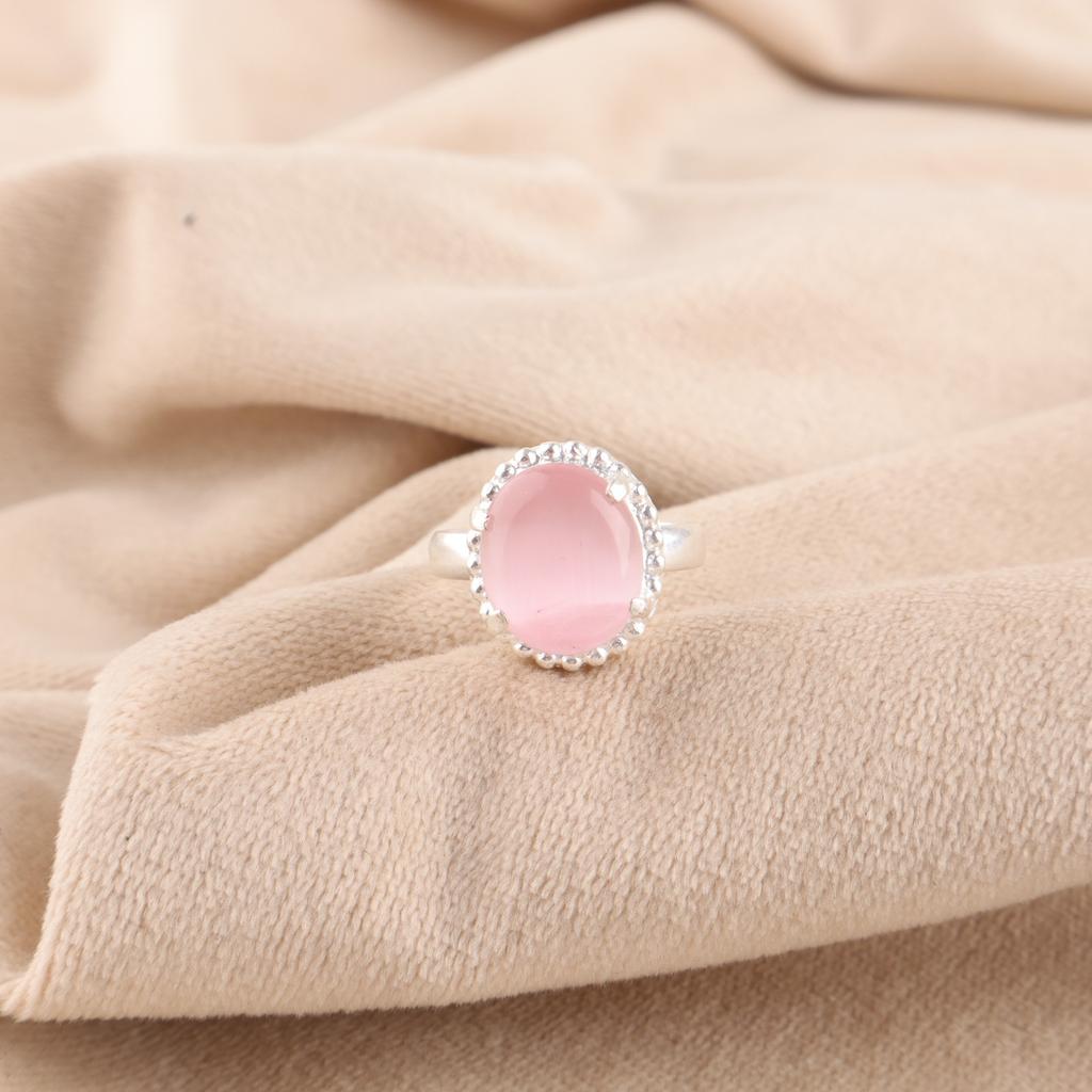 Oval Pink Cat's Eye Gemstone 925 Sterling Silver Cocktail Handcrafted Boho Ring RR-28-36