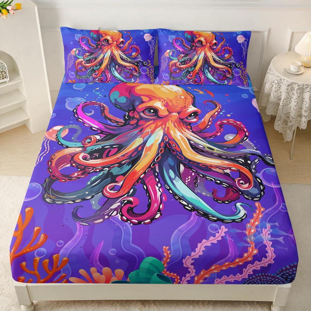 Marine Life Pattern Sheet Three-Piece Digital Printed Sheet Bedding Set Adult Children